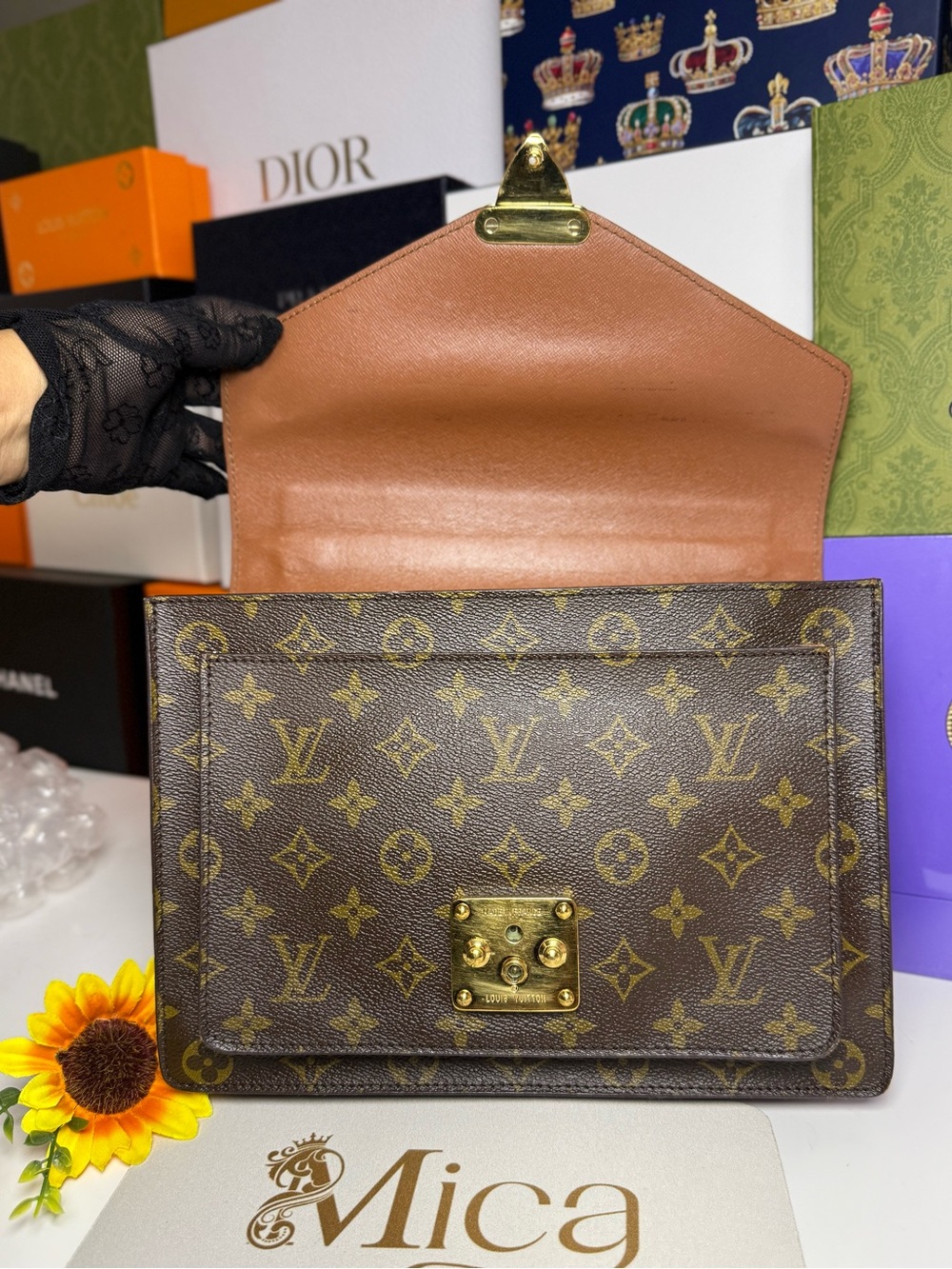 LOUIS VUITTON w/ COA Brown Monogram Medium Crossbody Satchel with Gold Hardware - Picture 15 of 17
